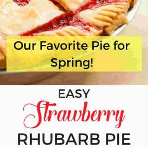 strawberry rhubarb pie side view and close up of rhubarb pie in pin