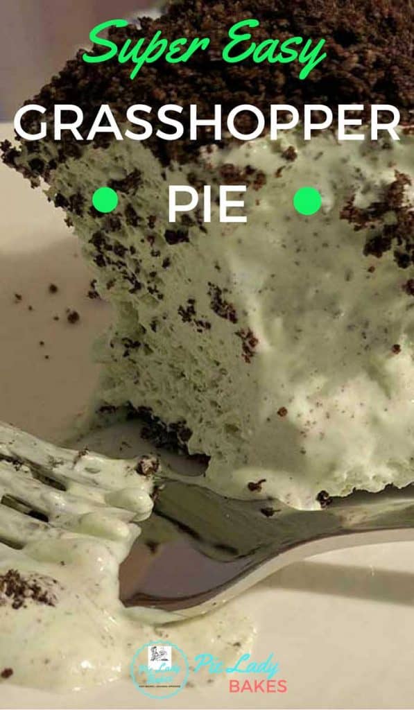 Pinterest image of super easy no bake grasshopper pie, with fork on white plate