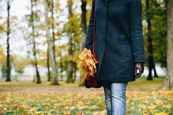 Fall outdoor scene, shows woman walking in a dark blue coat, blue jeans, brown leather gloves and red shoulder bag with a handful of leaves, image doesn't show woman's head. 