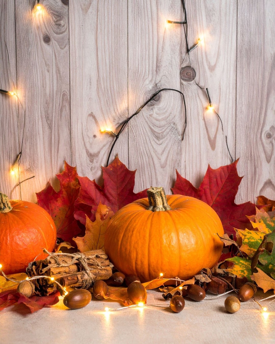 Two pumpkins are surrounded by autumn leaves, acorns, cinnamon sticks, and glowing string lights—perfect inspiration for cozy DIY fairy light projects against a light wooden background.