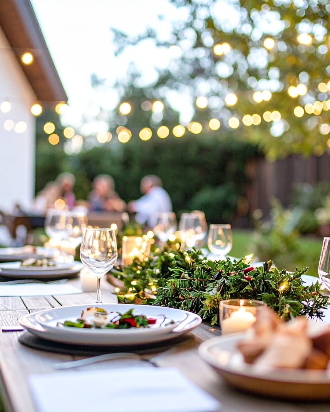 Outdoor dining table set with plates, glasses, greenery, and candles; string lights overhead inspired by DIY fairy light projects; people blurred in the background.