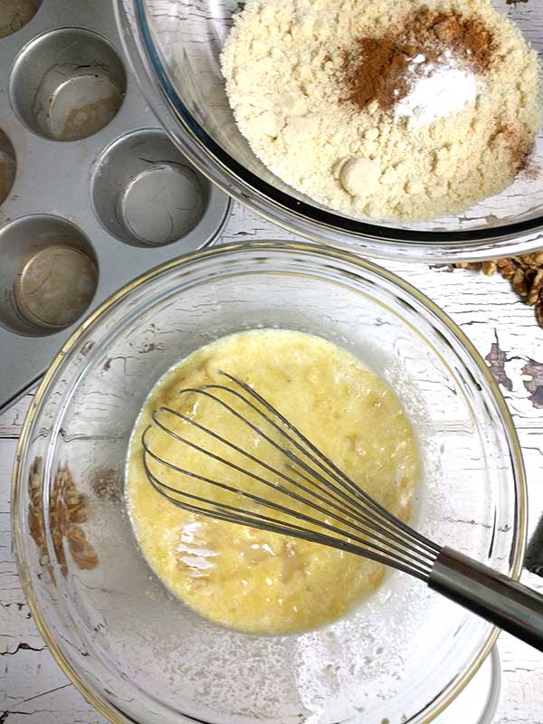 flours and wet ingredient batter for banana muffins