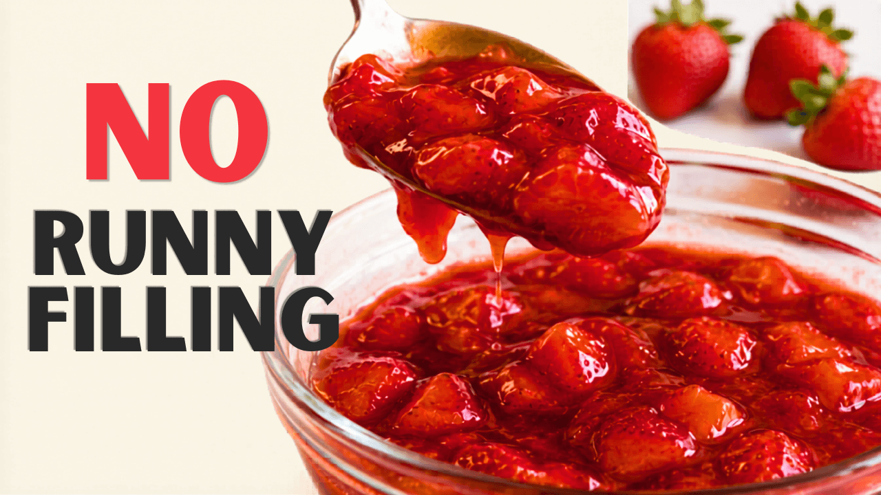 A spoon lifts thick strawberry pie filling from a glass bowl. Bold text reads "NO RUNNY FILLING," with fresh strawberries in the backgroundโperfect for your favorite strawberry pie homemade recipe.