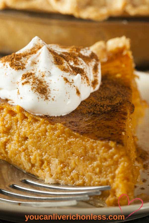 closeup of pumpkin pie slice with whipping cream and spice sprinkled on top