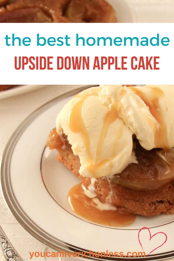 Upside Down Apple Cake Recipe is easy to make with BIG flavour. Baked Apples, brown sugar and cinnamon create a comfy, cozy dessert that's perfect anytime! #pieladybakes.com #applecake #upsidedowncakerecipes #cake #cakerecipes #appledesserts #apple #bakedappledesserts #onebowlscratchcake