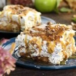 A plate of dessert with whipped cream and apples on it.