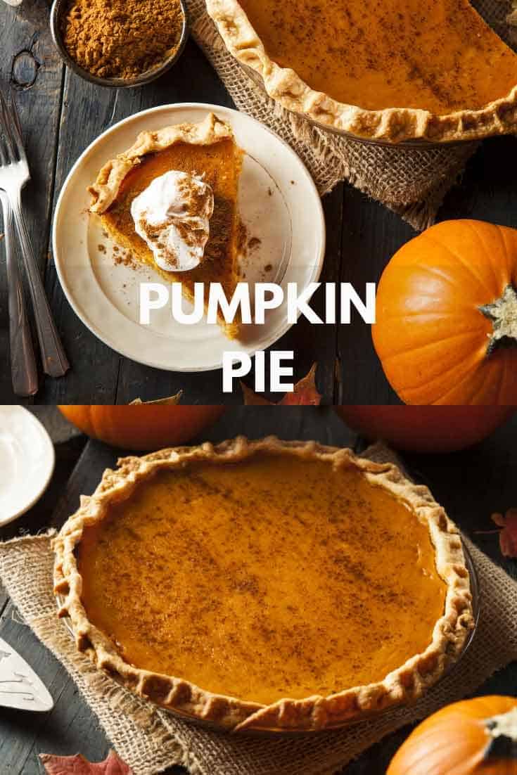 slice of pumpkin pie on white plate, whole pumpkin pie in front and small pumpkins