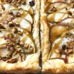 two sections of french apple tart side by side with caramel sauce