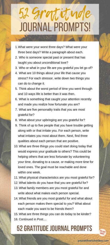 gratitude journal prompts sunflower background with list of 15 prompts on white square shows rest of prompts in post