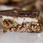 nanaimo bar closeup on a white table top