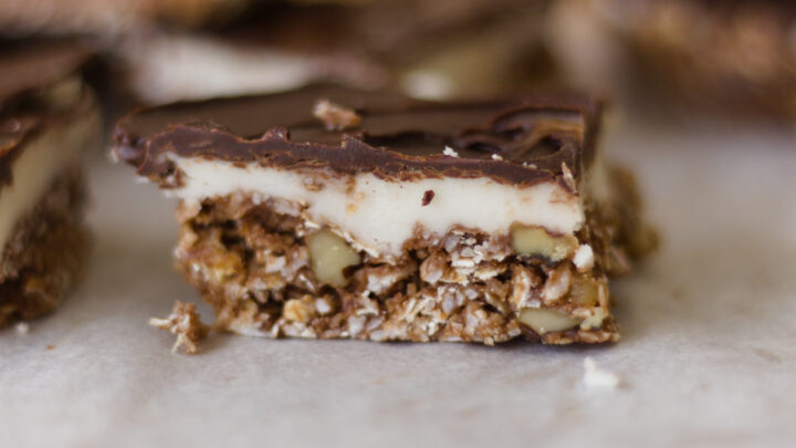 nanaimo bar closeup on a white table top