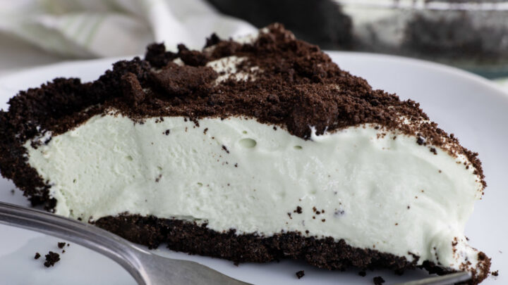 slice of no bake grasshopper pie with cool whip square