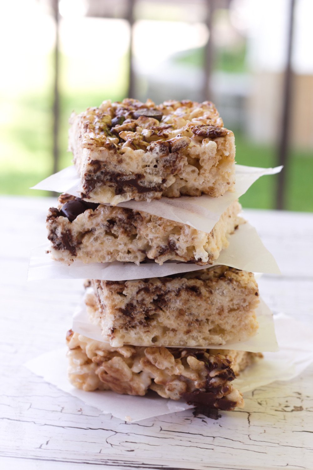stack of chocolate chip rice krispie treats