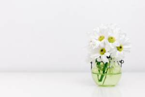 clear glass jar with daisies on a white background