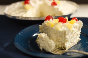 no bake pineapple pie with cool whip slice of pie with fork