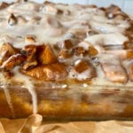 pan of homemade coffee cake topped with glaze