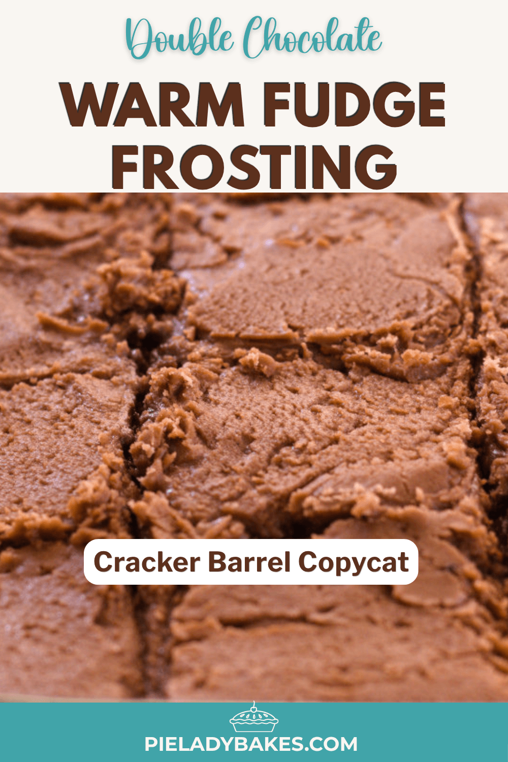 Close-up of sliced warm fudge frosting with a smooth, chocolatey texture, labeled as a Cracker Barrel copycat chocolate coca cola cake recipe.