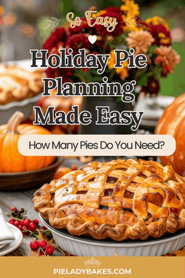 A table displays lattice-topped pies, pumpkins, and autumn flowers with text: "Holiday Pie Planning Made Easy. How many servings of pie do I need?" and the website pieladybakes.com.