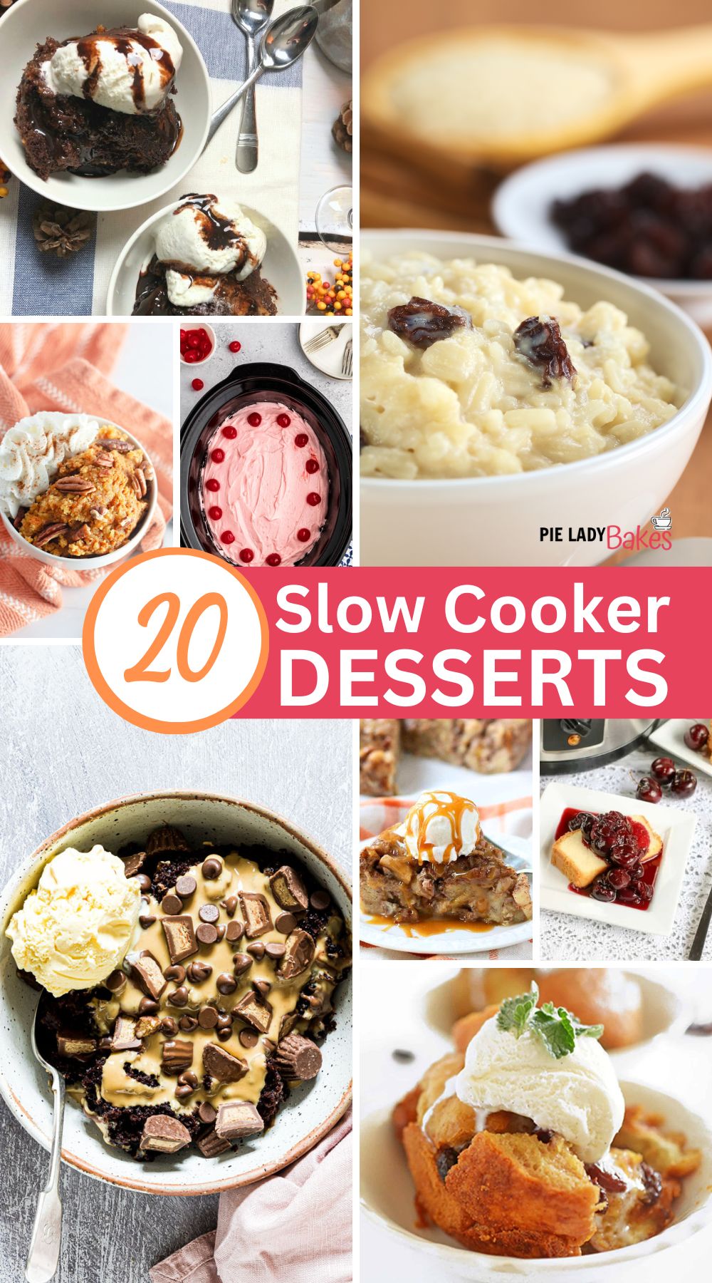 A collage showcasing a variety of slow cooker dessert recipes.