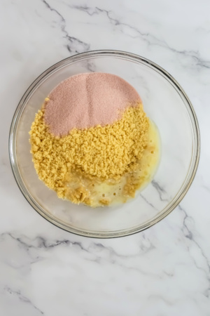 A glass bowl on a marble surface contains a mixture of brown sugar, melted butter, and pink powder, likely ingredients for a recipe.