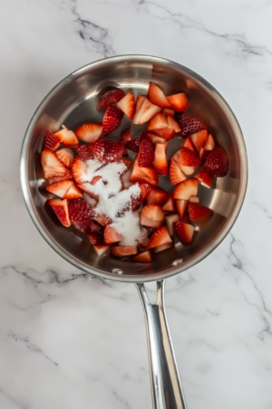 Sliced strawberries with sugar in a stainless steel saucepan on a marble surface.