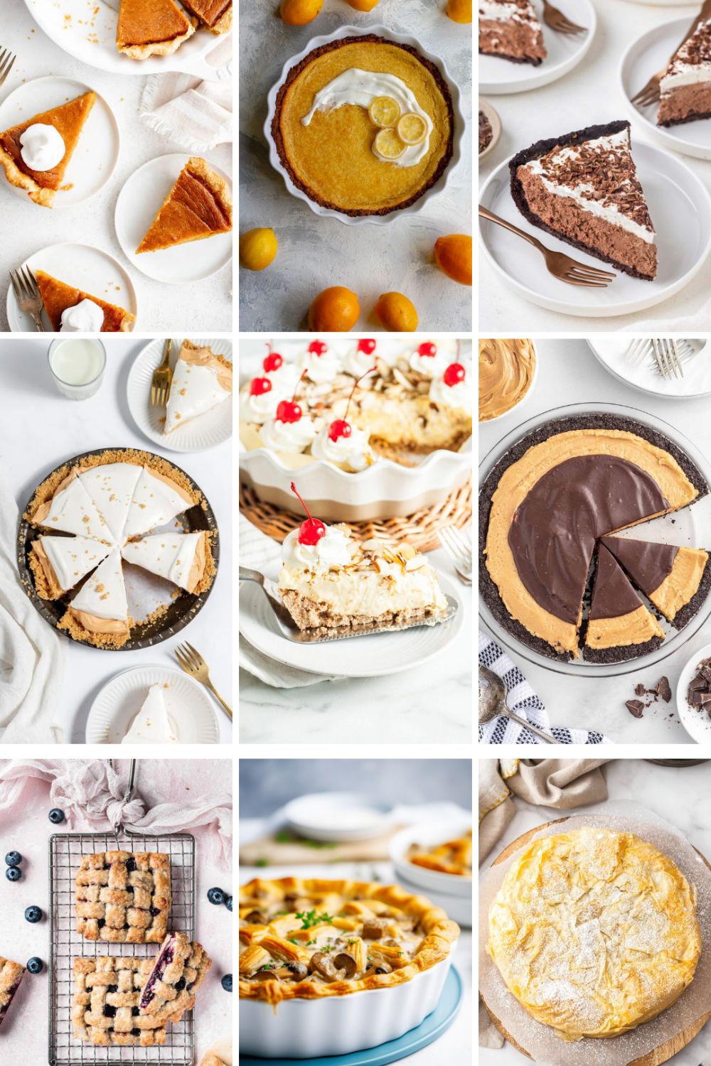 A grid of nine images featuring various desserts and baked goods—including pies, cakes, a quiche, and bar cookies on a cooling rack—showcases National Pie Day Recipes from some of the best bloggers.