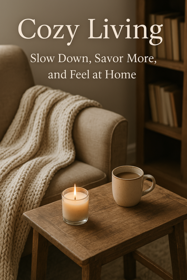 A lit candle and a mug on a wooden table in front of a beige sofa with a knitted blanket evoke the warm essence of Pie Lady Bakes. Text reads: "Cozy Living. Slow Down, Savor More, and Feel at Home." Bookshelf in the background.