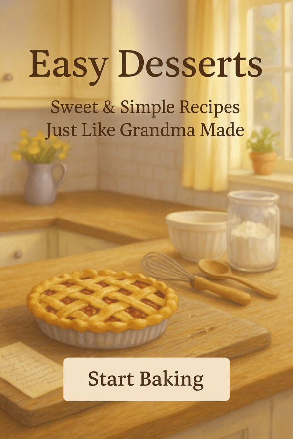 A cozy kitchen scene with a freshly baked pie, baking utensils, and ingredients on a wooden counter. Text reads: "Easy Desserts: Sweet & Simple Recipes Just Like Grandma Made. Start Baking.