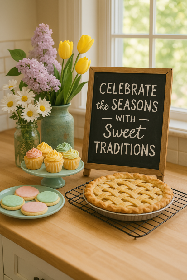 A kitchen scene showcases a delectable spread by Pie Lady Bakes: a pie on a cooling rack, pastel cupcakes, cookies, and a sign saying "Celebrate the seasons with sweet traditions," all elegantly surrounded by vases of tulips and daisies.