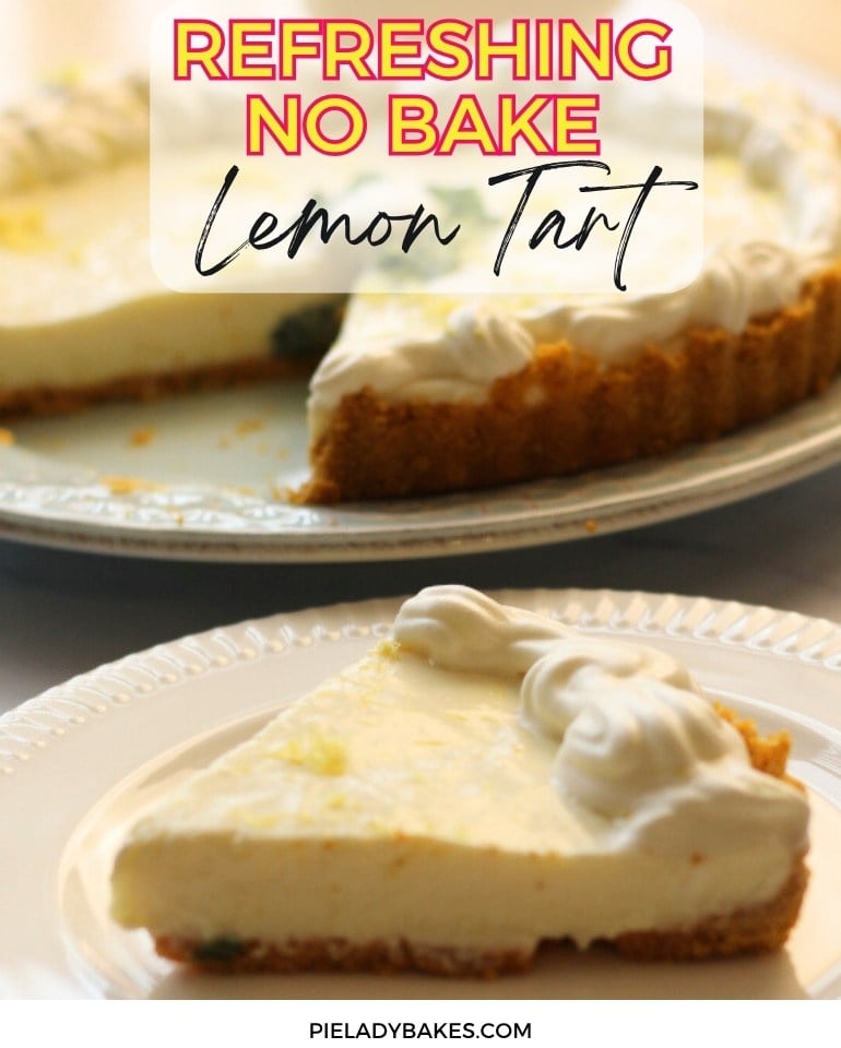 A slice of no-bake lemon tart with a crumbly crust and whipped topping on a white plate, with the remaining tart in the background.