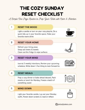 A checklist titled "The Cozy Sunday Reset Checklist" with five sections: Reset the Mood, Reset Your Home, Reset Your Mind, Reset Meals, and Wind Down, each with tips and small icons.