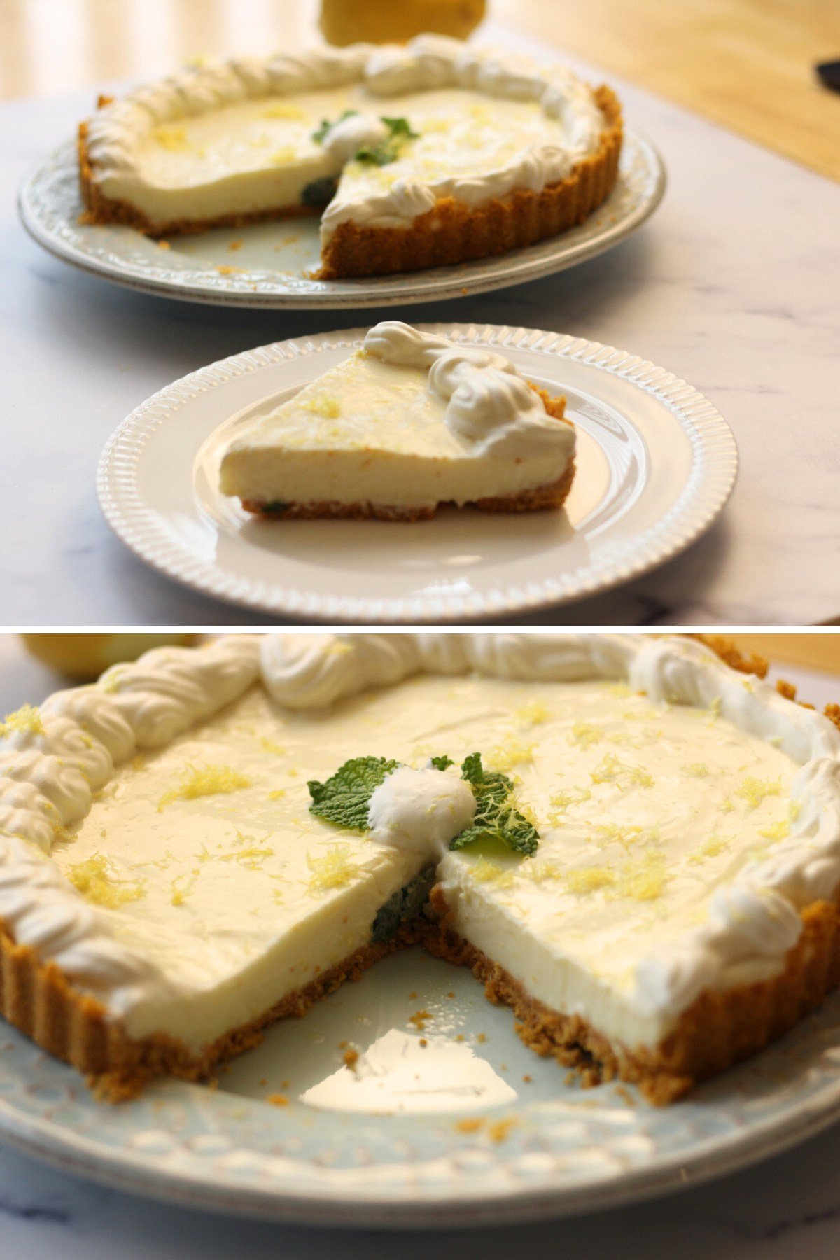 A tart with a graham cracker crust and creamy filling, garnished with whipped cream and mint, with one slice served on a separate plate.