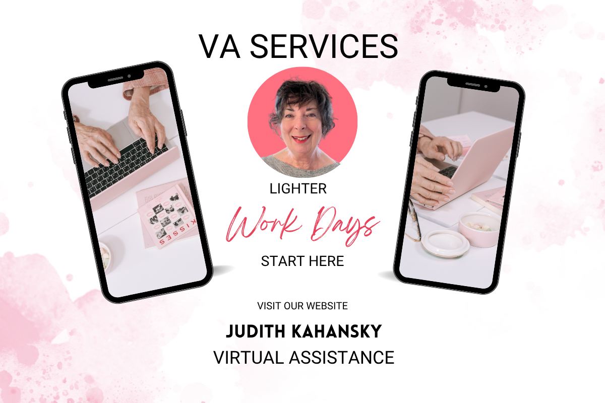Promotional graphic for VA services featuring images of hands typing on laptops, a portrait of a woman, and text advertising Judith Kahansky Virtual Assistance—your expert content marketing writer and virtual support partner.