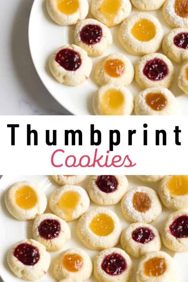 A plate of thumbprint cookies filled with yellow and red jam, some dusted with powdered sugar, shown from two angles. Text overlay reads "Thumbprint Cookies.