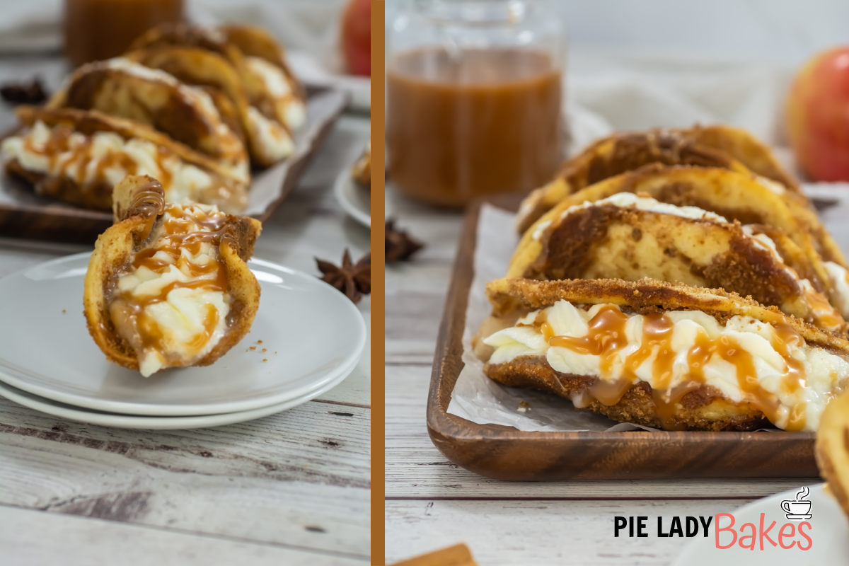 Close-up of apple pie tacos filled with cream and topped with caramel sauce on plates and a wooden tray, next to a jar of caramel and an apple in the background.