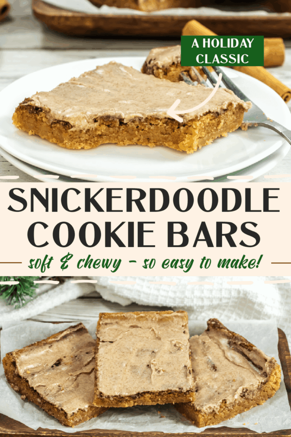 A plate with a snickerdoodle cookie bar, partially eaten, next to a fork. Below, three snickerdoodle cookie bars sit on parchment paper. Text reads, "Snickerdoodle Cookie Bars.