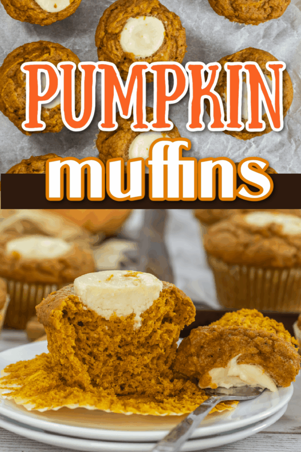 Pumpkin muffins with cream cheese centers, some whole on a baking tray and one muffin cut in half on a plate with a fork.