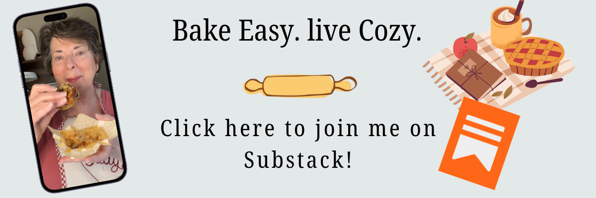 A woman eating a baked treat appears on a phone screen beside illustrations of baked goods, text reads "Bake Easy. Live Cozy. Click here to join me on Substack!.