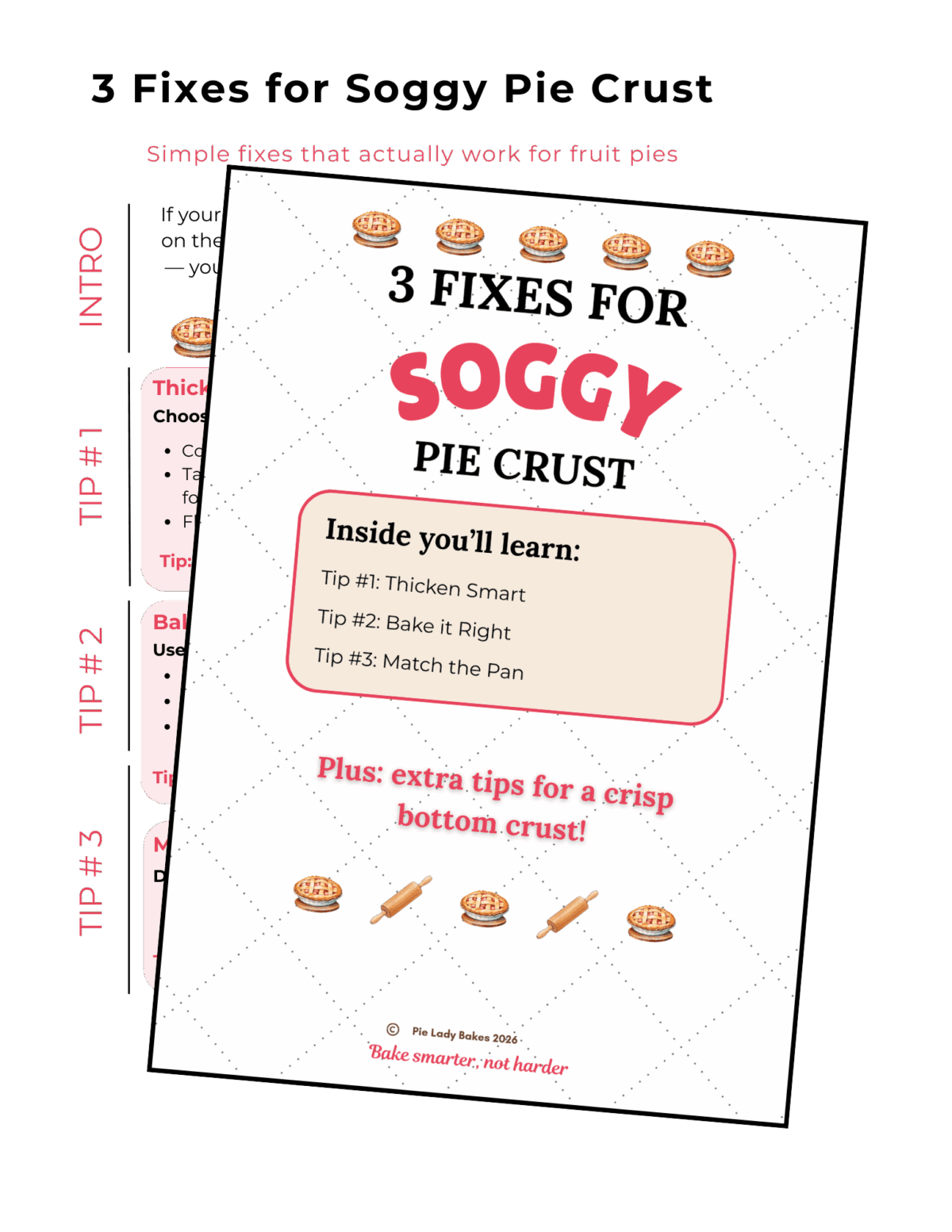 A flyer titled "3 Fixes for Soggy Pie Crust" lists tips to thicken, bake properly, and match the pan, with extra tips for crisp pie bottoms.