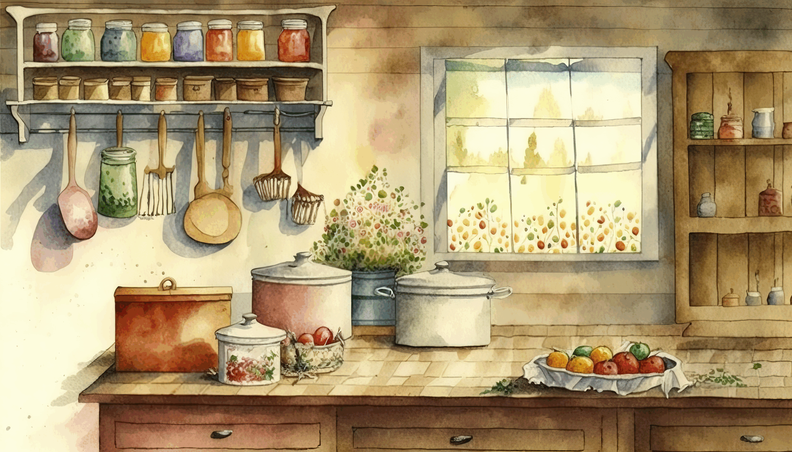 A cozy kitchen scene with jars, utensils, and pots on a countertop, flowers by a sunlit window, and fruit in a bowl.