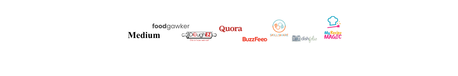 Logos of various websites including Medium, foodgawker, BuzzFeed, Quora, My Cookie Magic, and others, displayed in a horizontal line on a white background.