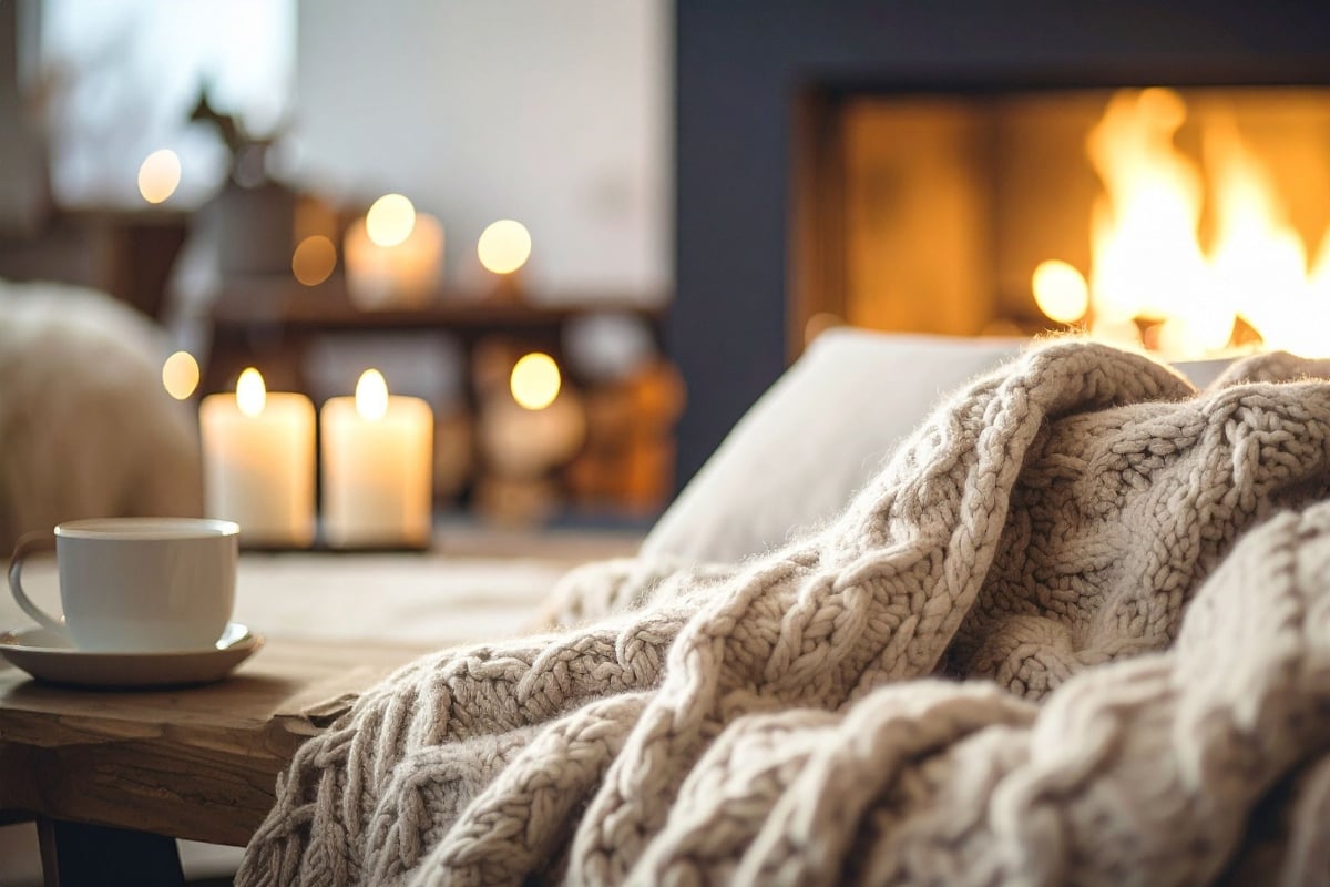 A cozy living room scene with a knitted blanket, a cup on a wooden table, lit candles, and a fireplace burning in the backgroundโjust the kind of warmth youโd find on Pie Lady Bakes.