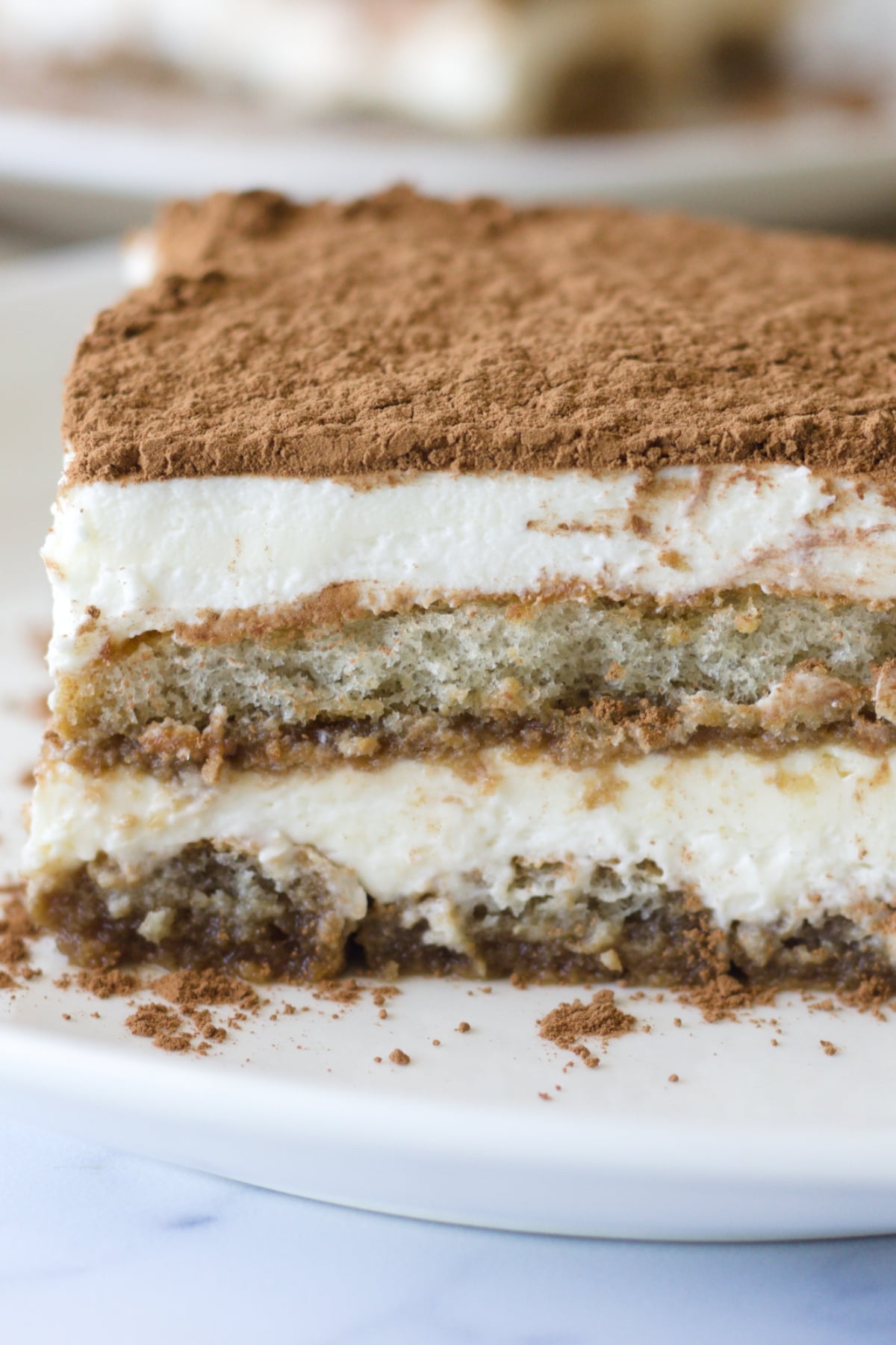 A close-up of a slice of tiramisu, showing layers of cream, soaked ladyfingers, and a dusting of cocoa powder on top, served on a white plate.