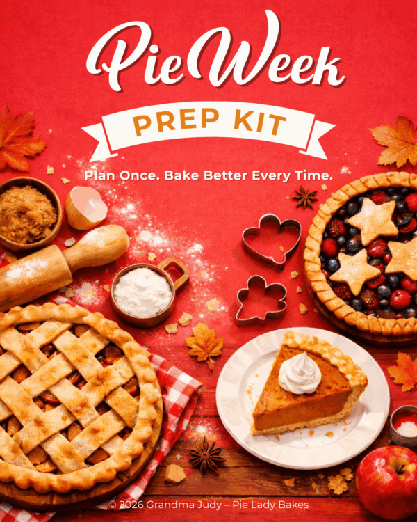 A variety of pies and baking ingredients on a red surface with text reading "Pie Week Prep Kit: Plan Once. Bake Better Every Time." Decorative leaves and baking tools surround the scene, inspiring you to try the best pie recipes.