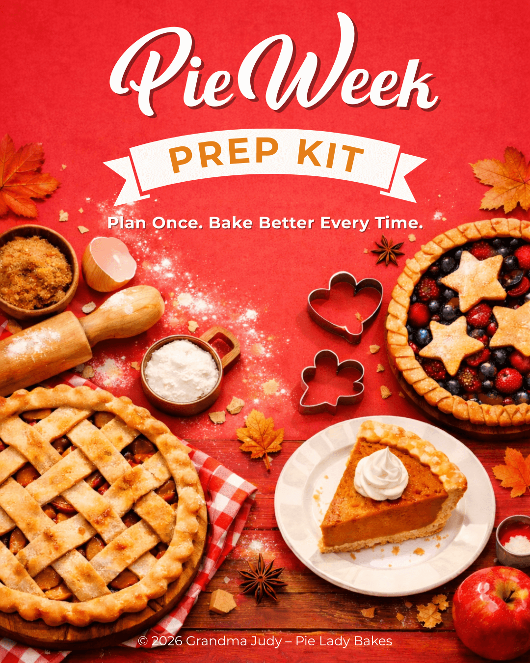 A variety of pies and baking ingredients on a red surface with text reading "Pie Week Prep Kit: Plan Once. Bake Better Every Time." Decorative leaves and baking tools surround the scene, inspiring you to try the best pie recipes.