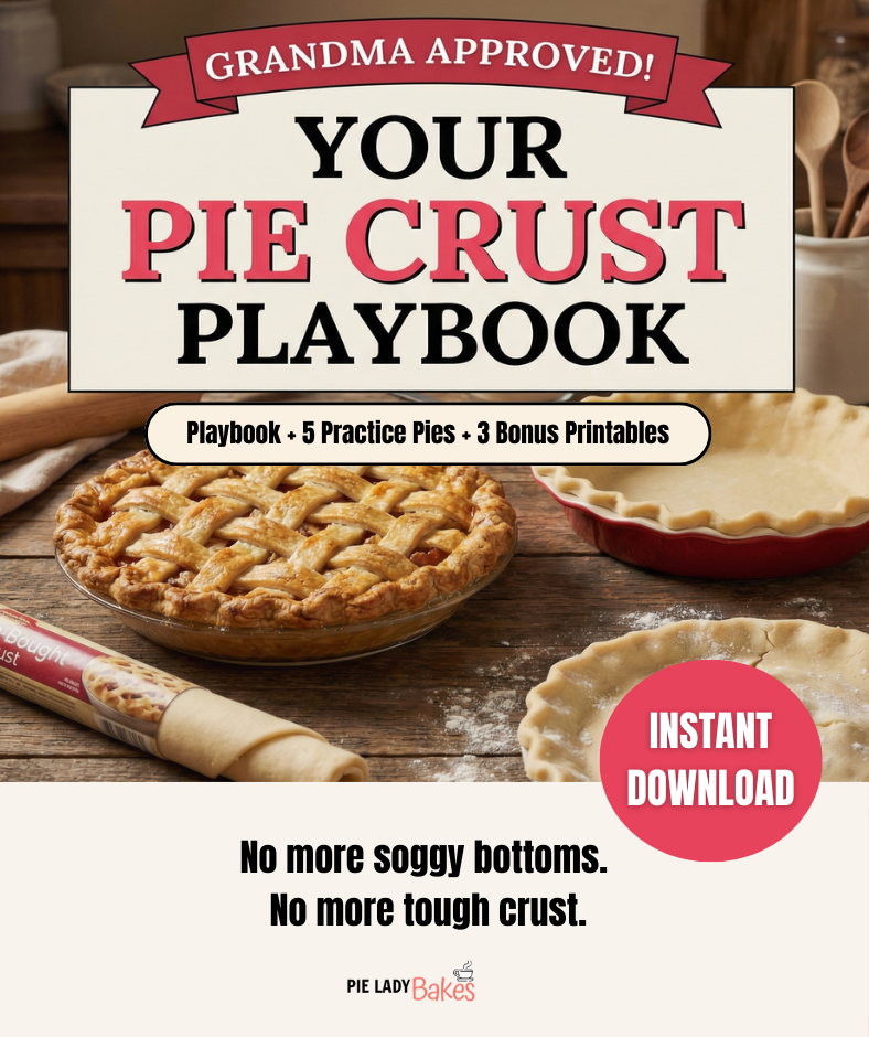 A lattice-topped pie, a rolling pin, and an unbaked crust sit on a wooden table under a sign advertising "Your Pie Crust Playbook" with details about contents and instant download.