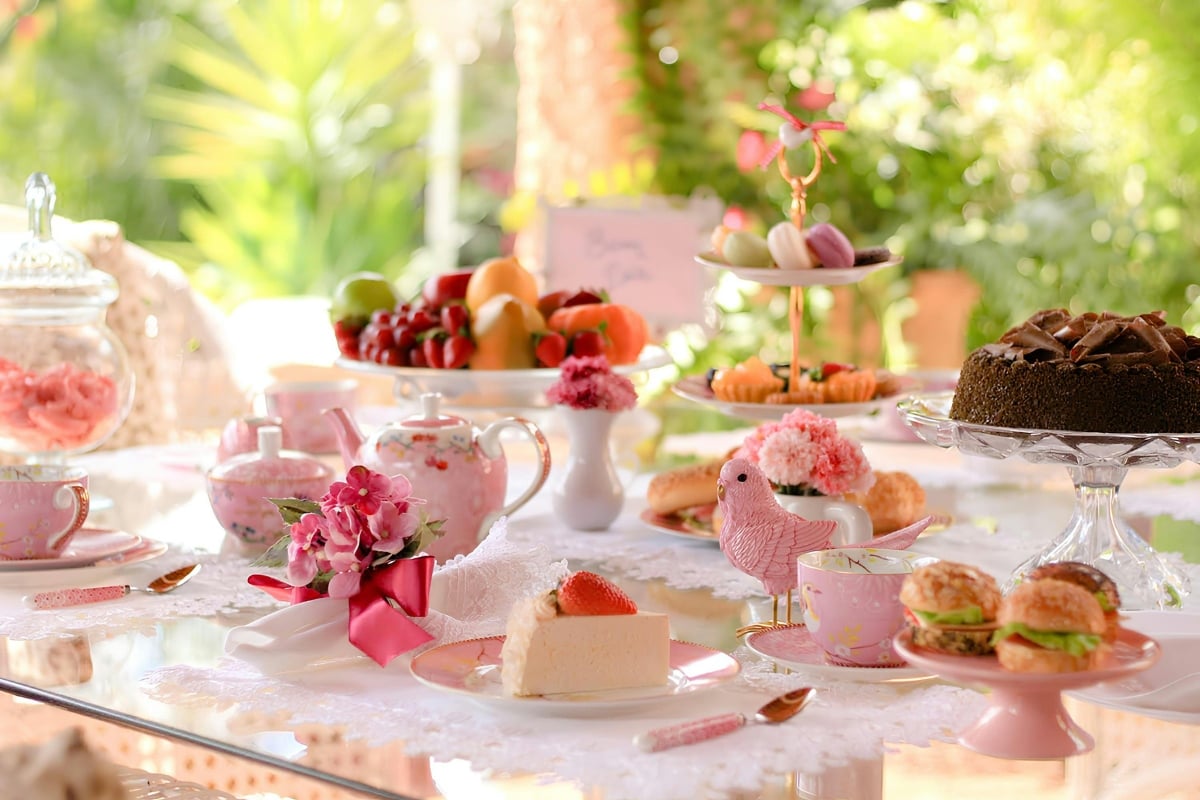 A table set for tea with teapots, cups, cakes, fruit, bridal shower desserts, macarons, and flowers arranged on lace placemats in a bright outdoor garden setting.
