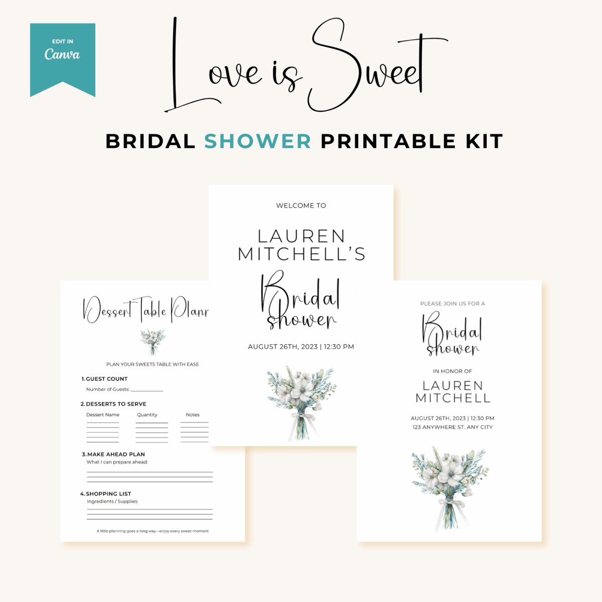 Bridal shower printable kit with three templates: dessert table plan, welcome sign, and invitation, featuring floral bouquet graphics and editable text in Canva.