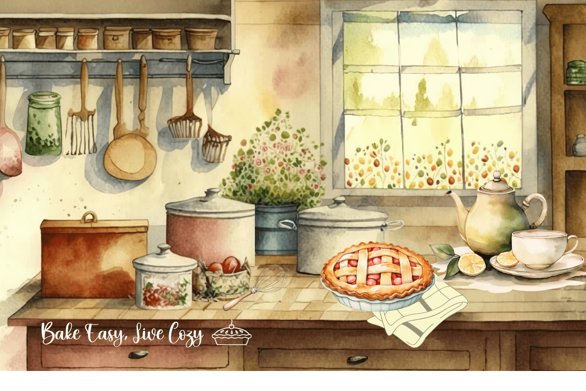 A cozy kitchen scene with pots, utensils, and jars on shelves, and a counter displaying an easy pie recipe, teapot, and teacup. Sunlight streams through a window with flower curtains.