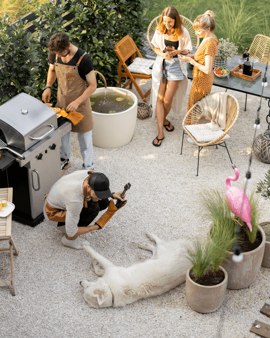 Four people gather in a backyard with a grill, while a large white dog lies on the ground nearby; various plants and outdoor furniture are visible.